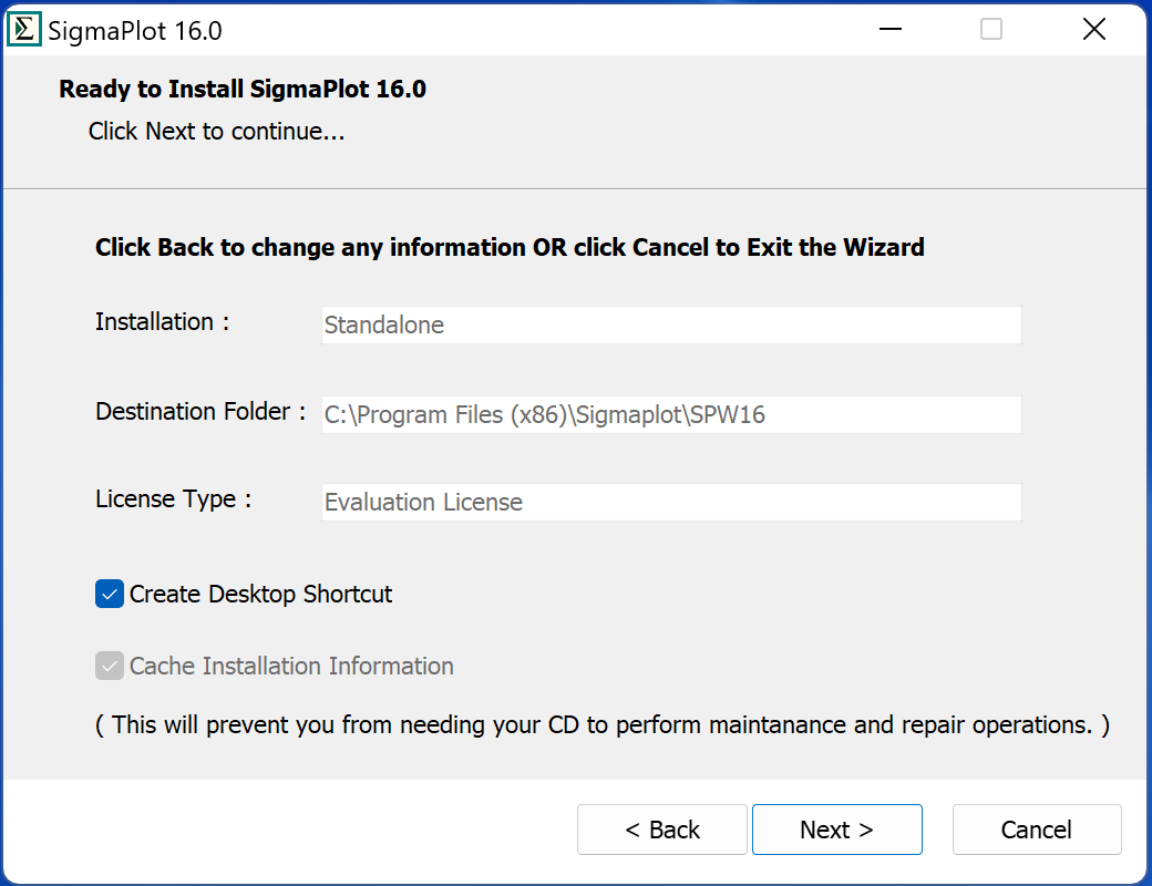 SigmaPlot 16 准备安装信息确认界面
